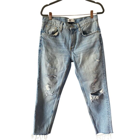 Zara The Cigarette in Sunrise Blue Distressed Straight Raw Hem Jeans Sz 8 BOHO - Picture 1 of 9